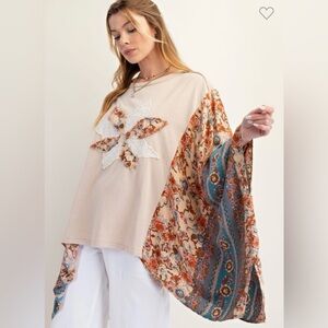 Easel Beige and Teal Floral Top with Kimono Sleeves and patchwork